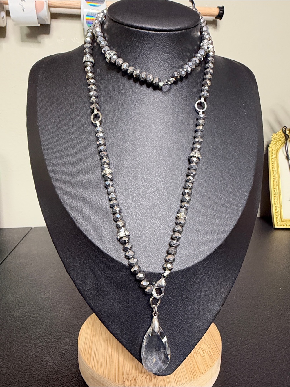 Faceted Hematite Bead Necklace with Glass Teardrop Pendant - Silver-Tone